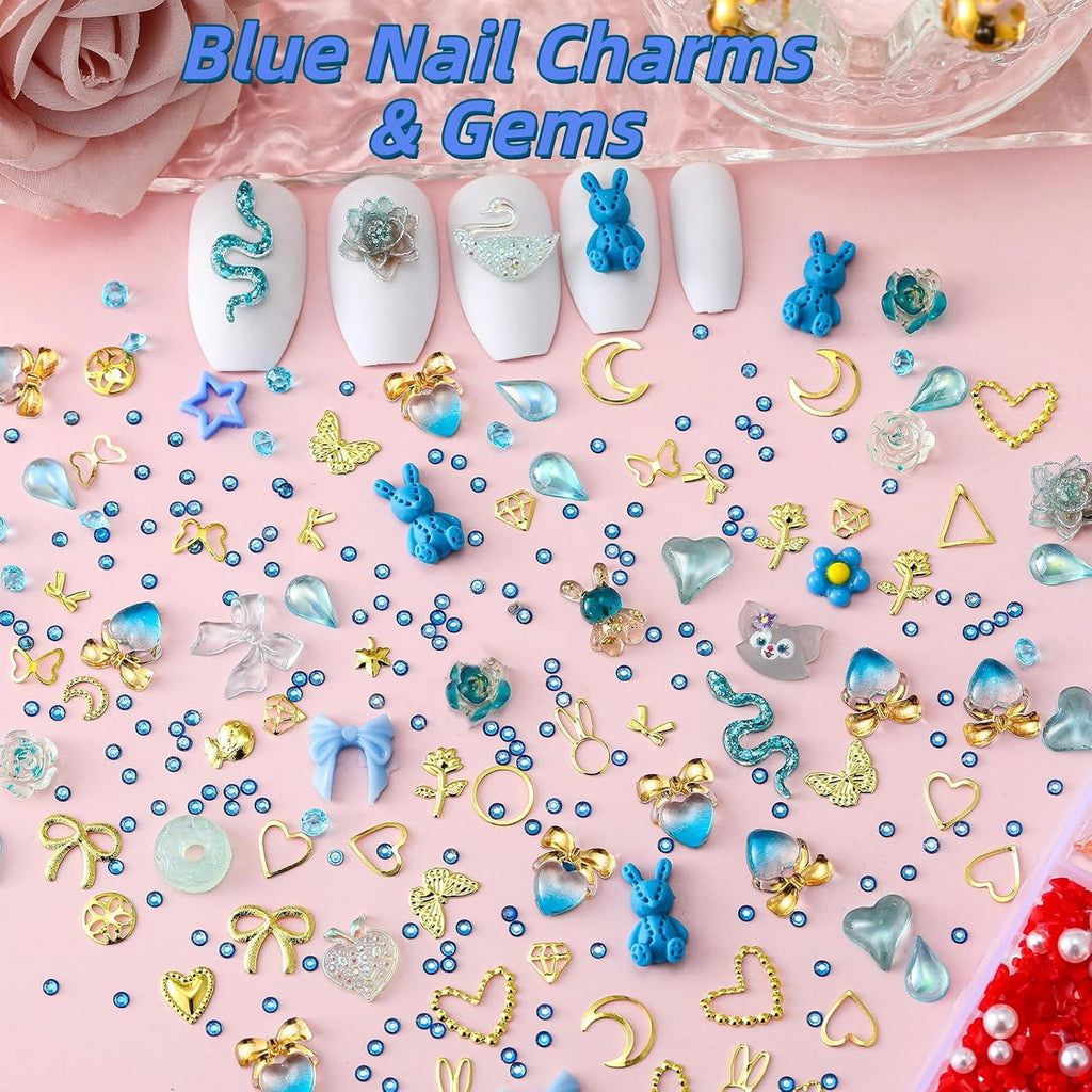 8000Pcs Nail Charms and Gems Set for Nail Art DIY Crafts - Butterfly, Star, Moon, Flowers, Bows, Gold Finish