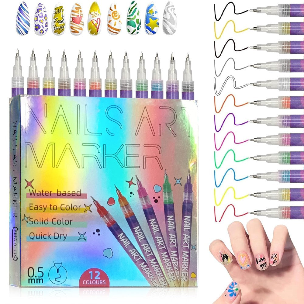 12 Colors Nail Art Pens Set with Fine Tips for DIY Manicure Designs