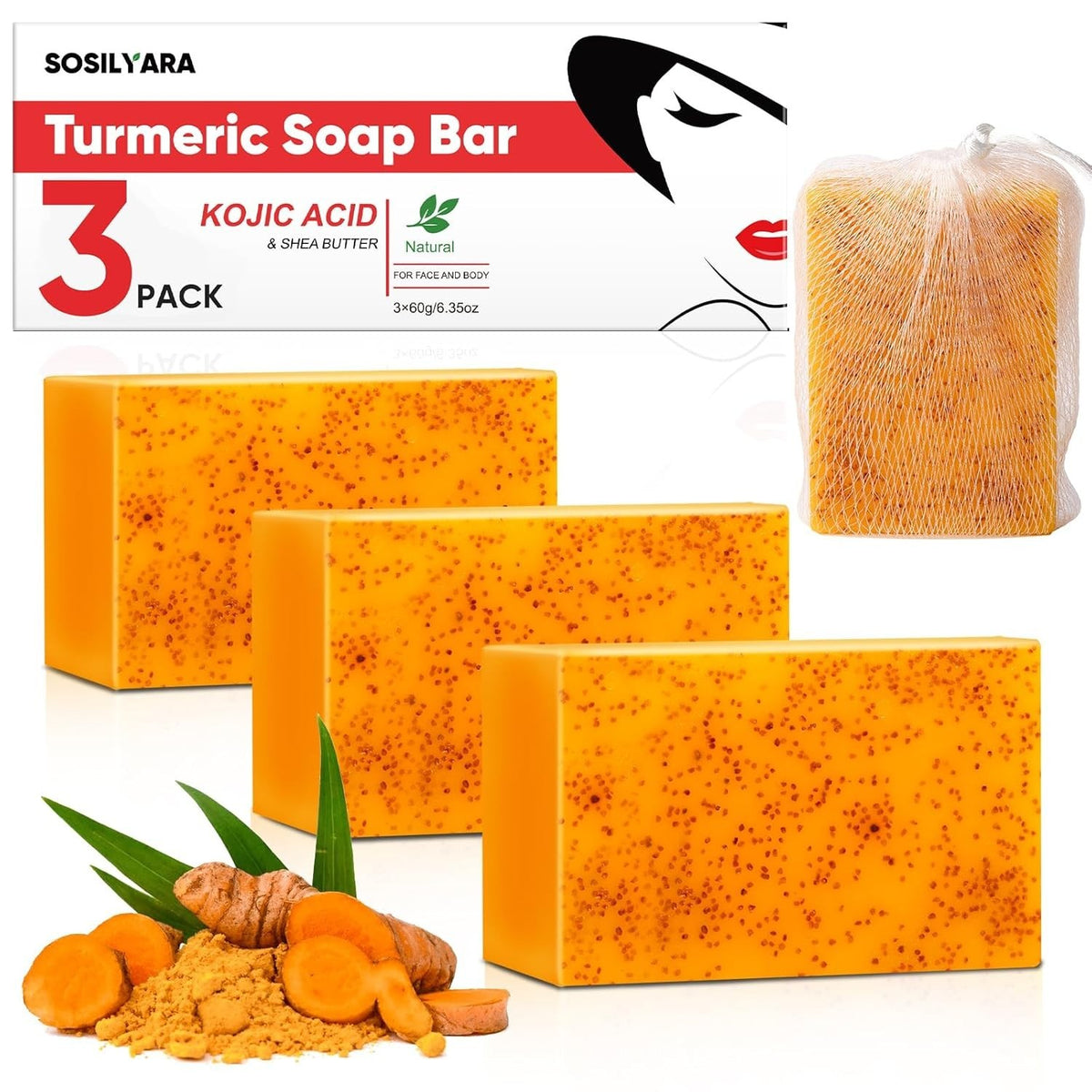 Turmeric Kojic Acid Soap Bars with Retinol & Collagen - 3 Pack for Daily Skin Care