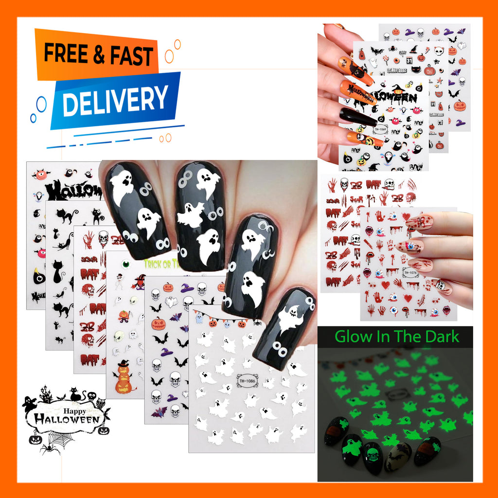 Glow in the Dark Halloween Nail Art Stickers - 12 Sheets Pumpkin Ghost