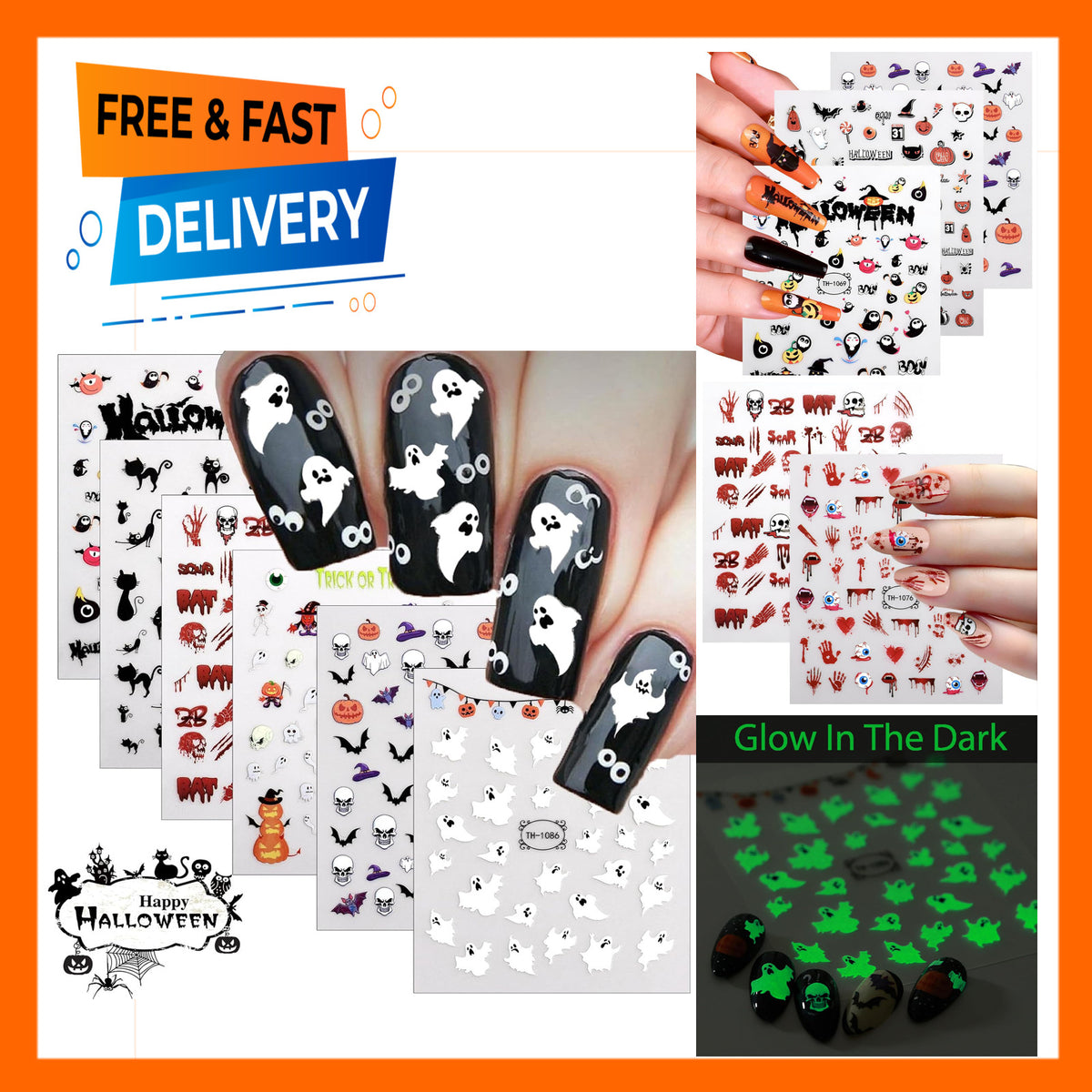 Glow in the Dark Halloween Nail Art Stickers - 12 Sheets Pumpkin Ghost
