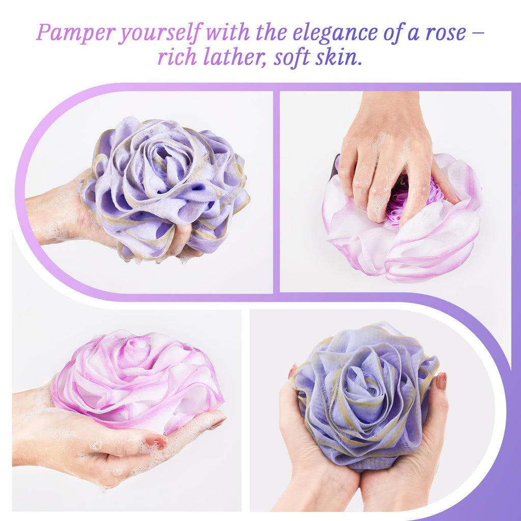 Rose-Shaped Bath & Shower Loofah Set - 2 Body Scrubbers in Purple and Grey