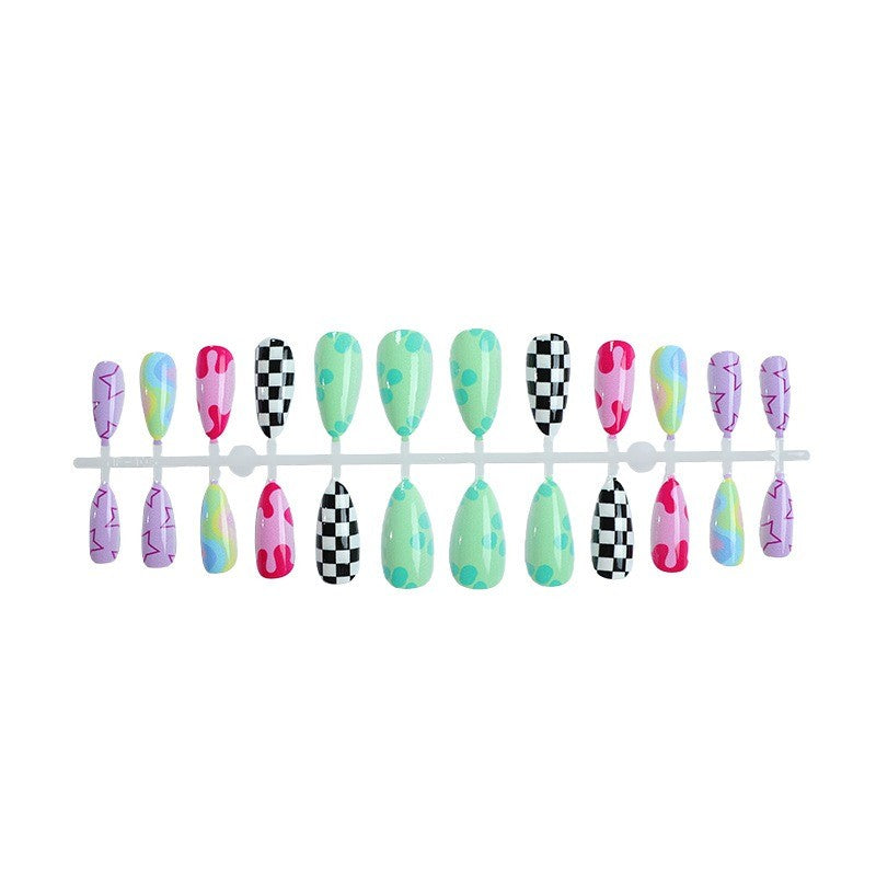 48Pcs Rainbow Checkerboard Oval False Nails Set - Trendy Press-On Manicure