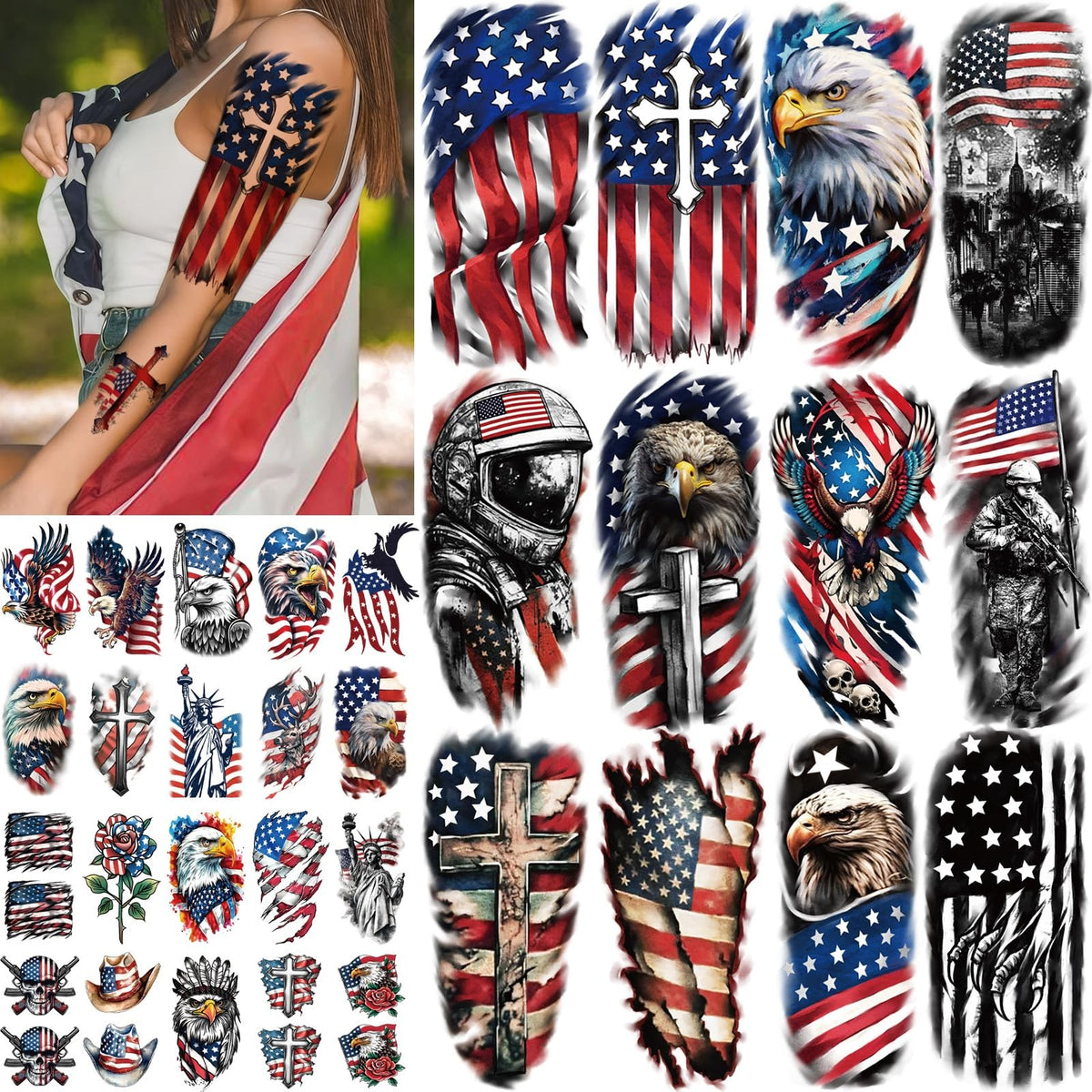 Patriotic Temporary Tattoos - 77 Sheets USA Flag & Fireworks Designs Waterproof