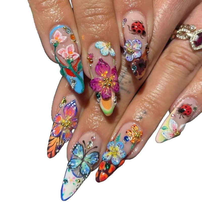 3D Floral Ladybug Press-On Nails Long Stiletto Colorful Garden Acrylic Nails