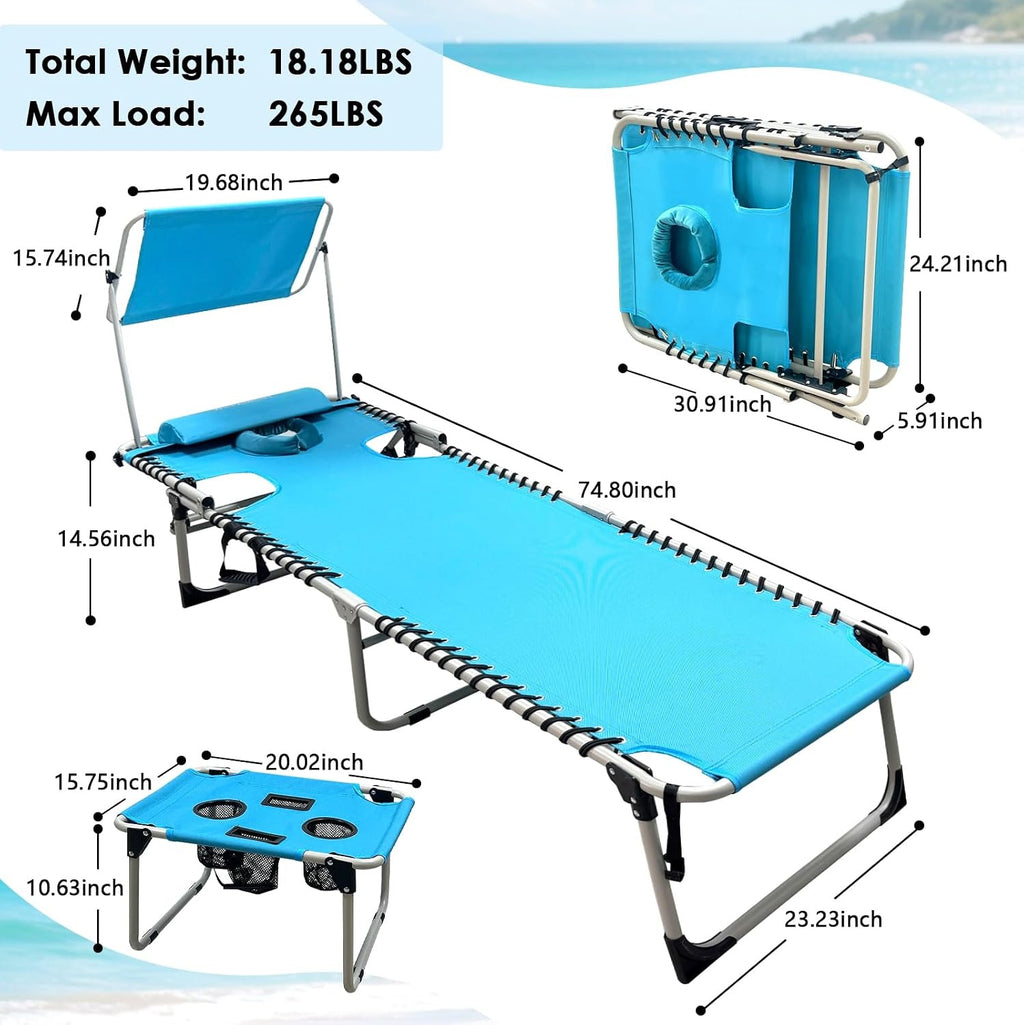 Outdoor Folding Tanning Chair with Adjustable Canopy & Face Hole