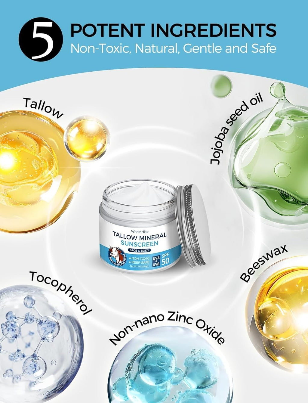 Organic Beef Tallow Sunscreen SPF 50 with Zinc Oxide Non-Toxic Moisturizer