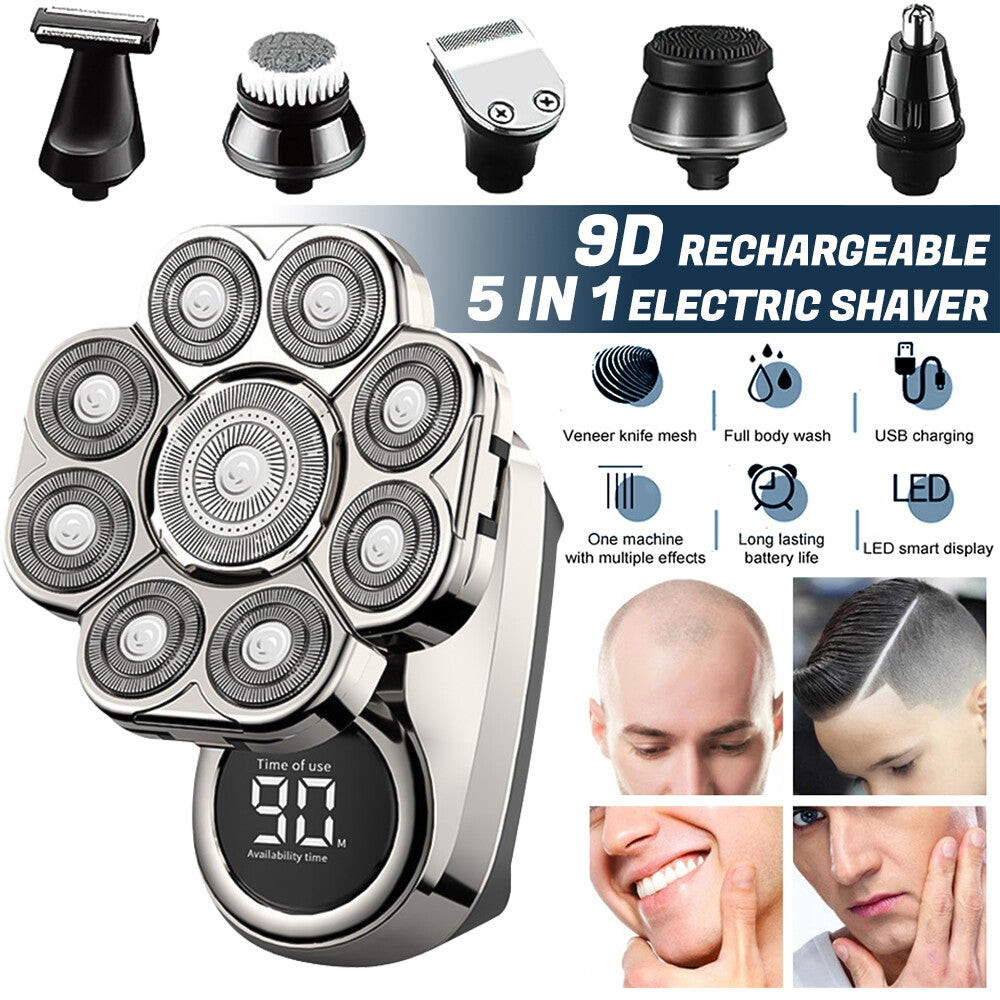 Cordless 9D Electric Head & Beard Shaver Wet Dry Bald Razor Grooming Set