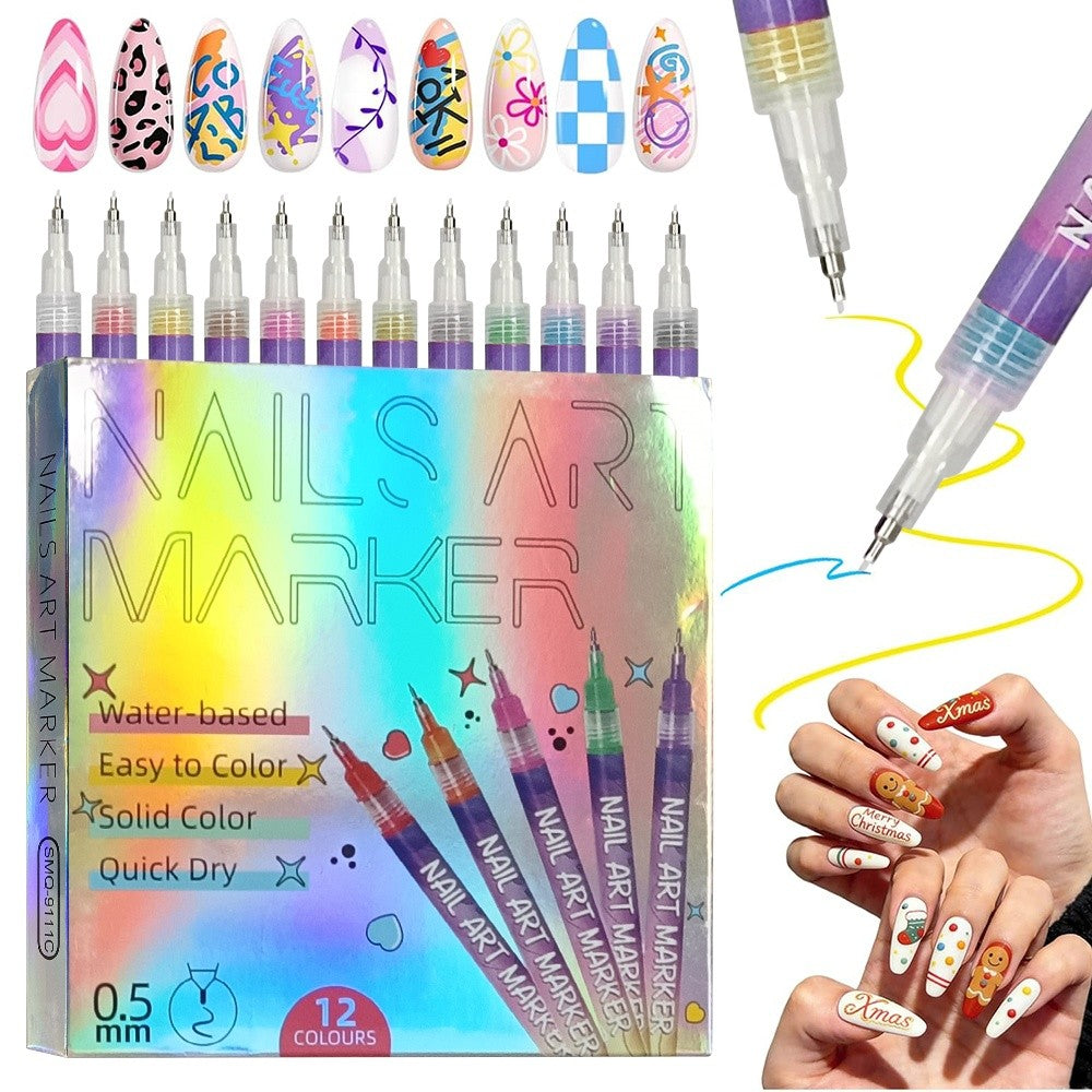 12 Colors Nail Art Pens Set with Fine Tips for DIY Manicure Designs