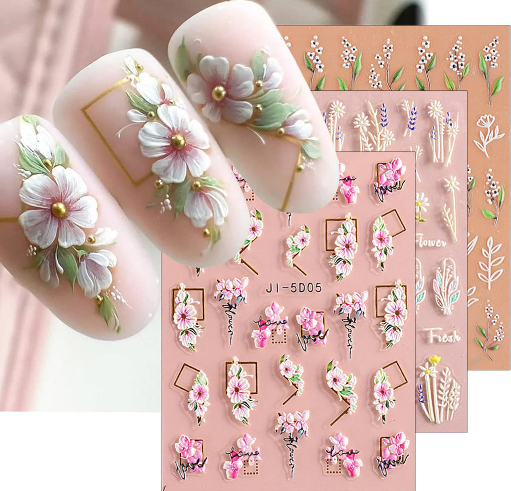 3D Flower Leaves Nail Art Stickers Decals - Self-Adhesive, 4 Sheets