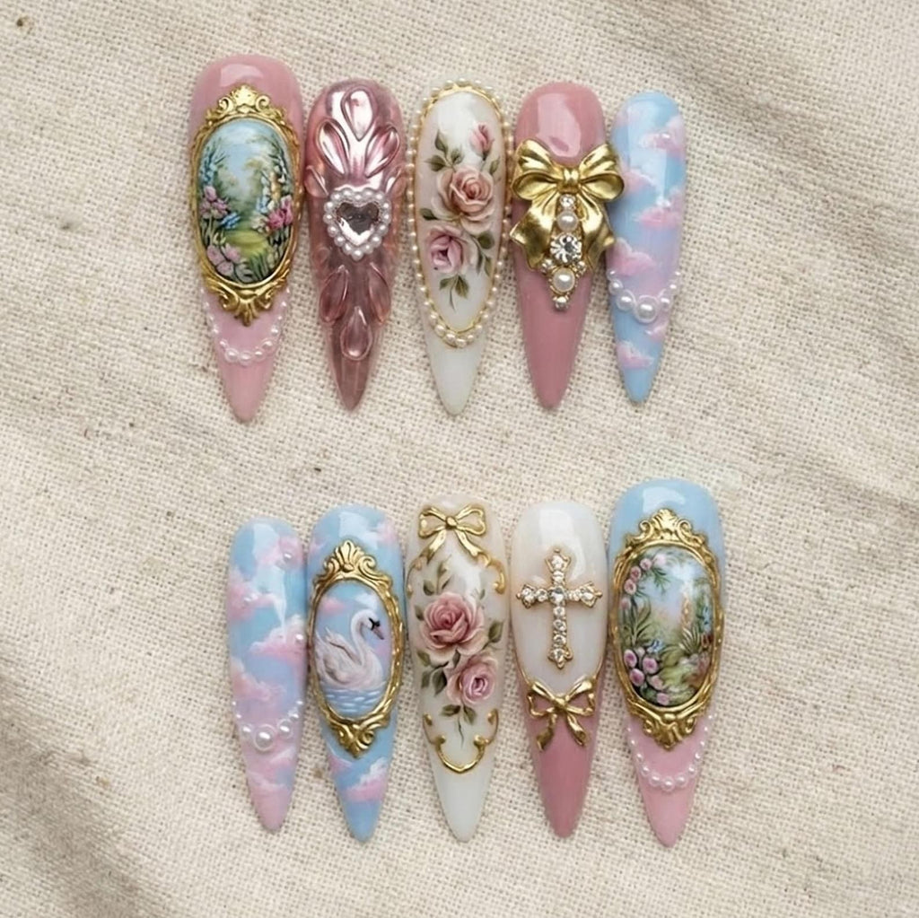 Handmade Vintage Rose Swan Cross Bow Pearl Rhinestone Long Almond Press-On Nails