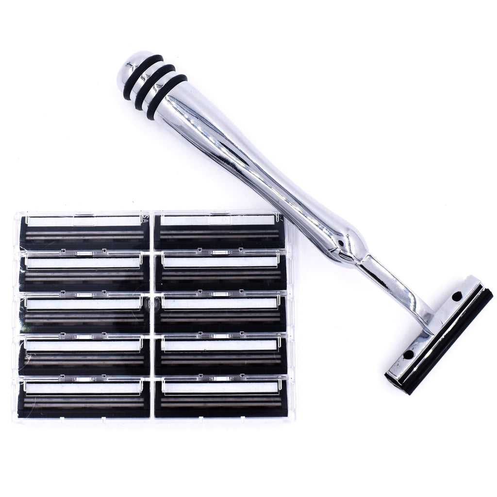 All Metal Trac II Compatible Razor & 10 Twin Blades - Brass Handle