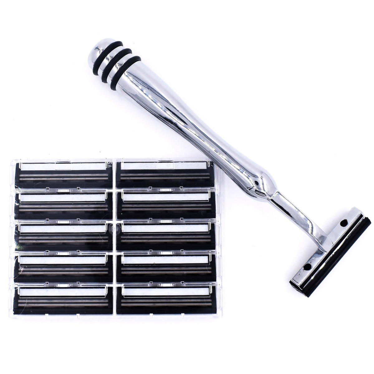 All Metal Trac II Compatible Razor & 10 Twin Blades - Brass Handle