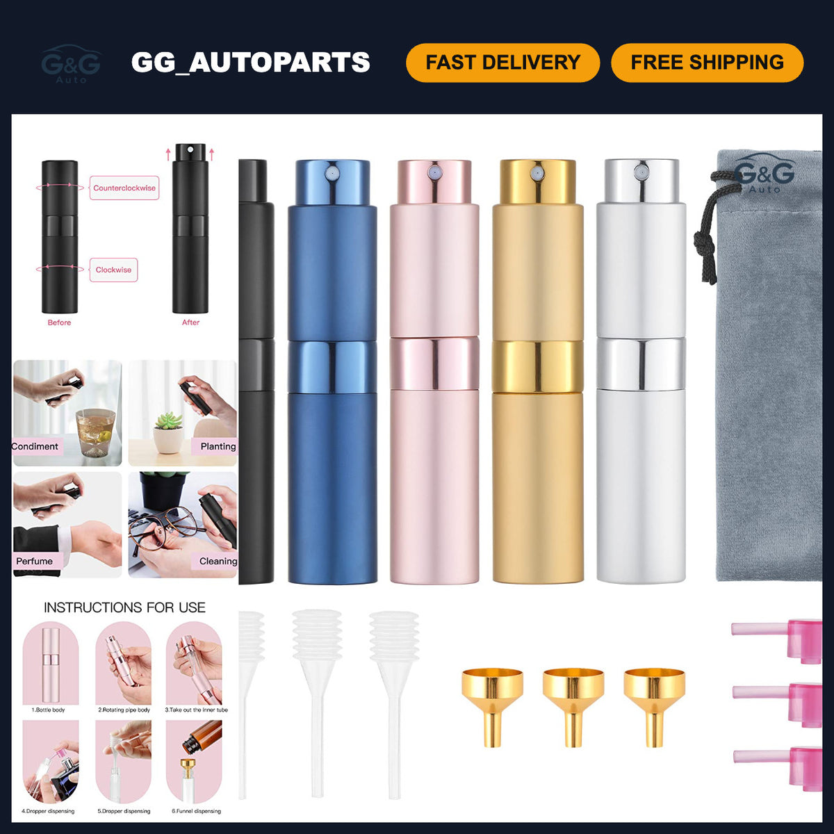 Refillable Travel Perfume Atomizer 8ml Pack of 5 - Portable Cologne Sprayers