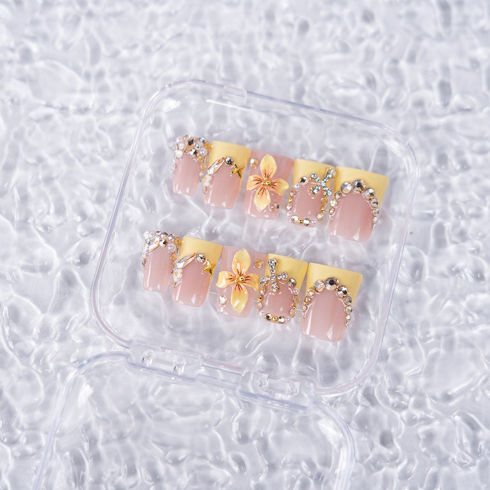 10pcs Vibrant Peach Yellow Square Nail Art Set with 3D Flower Beads - Garden Party Style