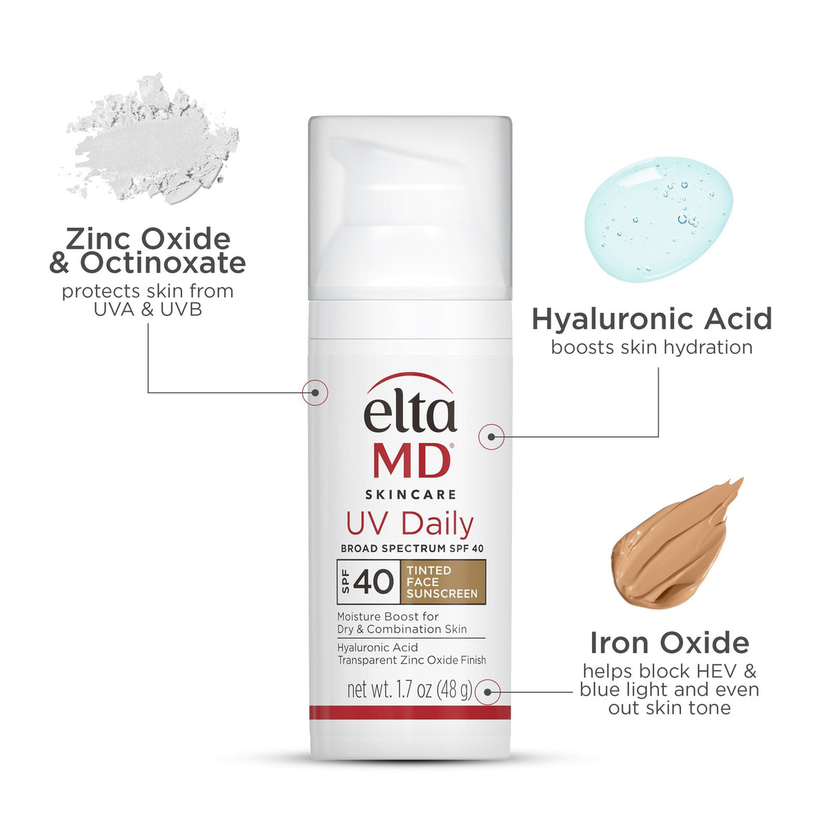 Tinted Face Sunscreen SPF 40 with Zinc Oxide - Hydrating, Broad Spectrum, 1.7 oz Pump