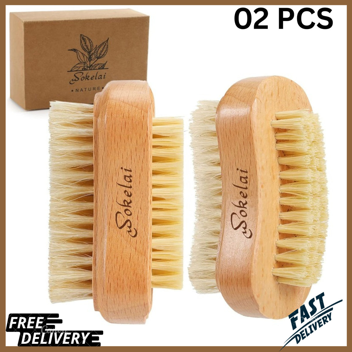 Wooden Nail Brush Set for Manicure & Pedicure - 2 Pieces Natural Bristle