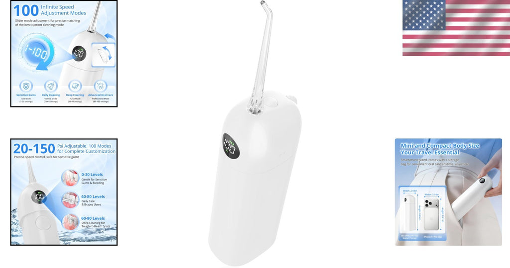 Portable Water Flosser for Teeth with 100 Power Levels, 0-150 PSI Adjustable Pressure, Cordless Dental Oral Care