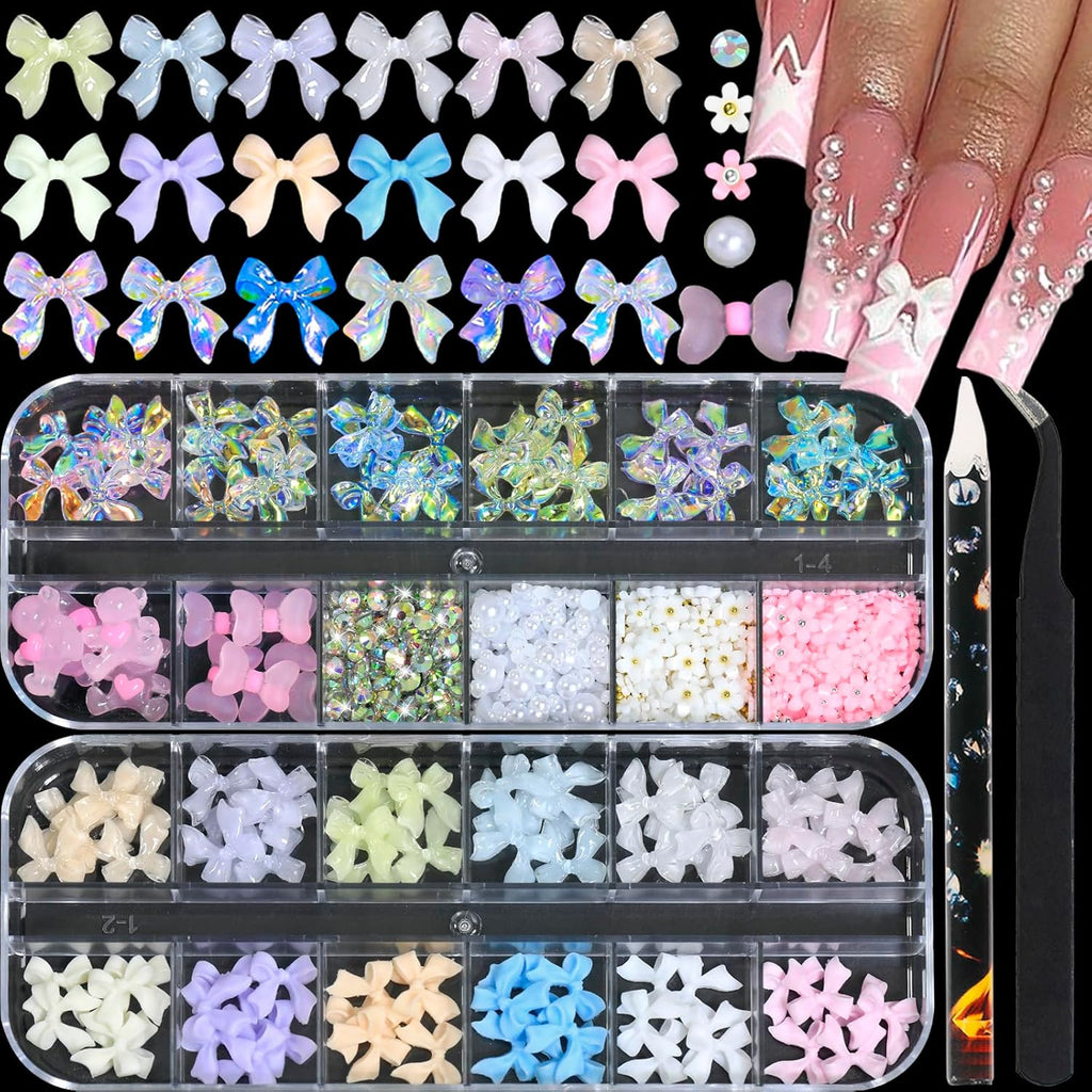 Colorful Bow Nail Charms Set - 3D Bow, Bear, Flower, Pearls for Nail Art & Crafts