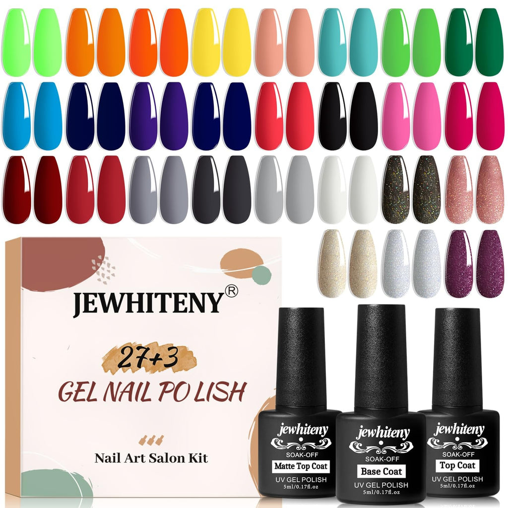 Gel Nail Polish Kit with 27 Colors, Matte & Glossy Top Coats, Base Coat Set