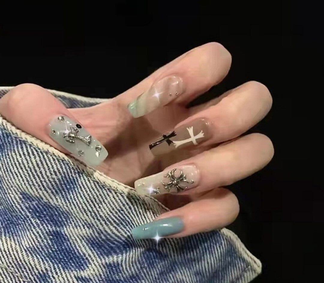 3D Cross Nail Art Charms Silver Metal Gothic Punk Star Decor - 40+ Pieces