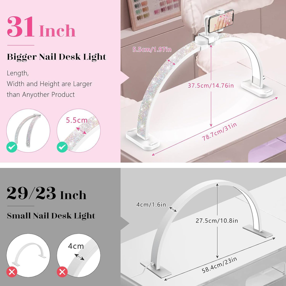 30-Inch LED Half Moon Nail Desk Light with Phone Holder - Professional Manicure Lamp