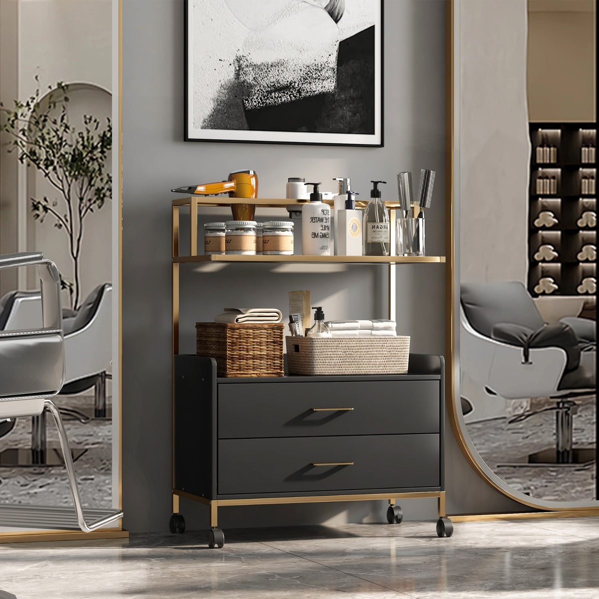 Salon Rolling Cart with Storage Drawers and Tool Holders - Black Metal Trolley