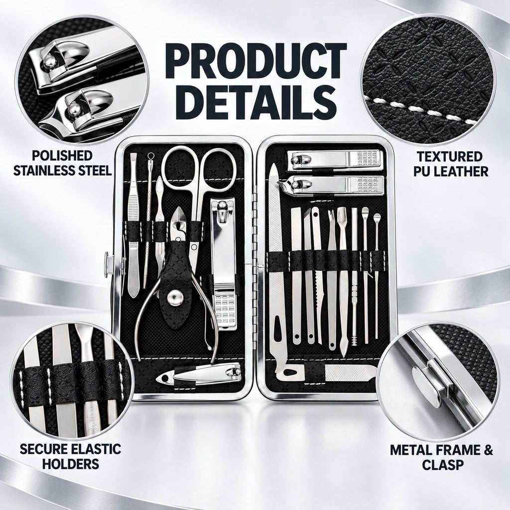 Manicure Pedicure Kit 19-Piece Stainless Steel Grooming Set with Travel Case