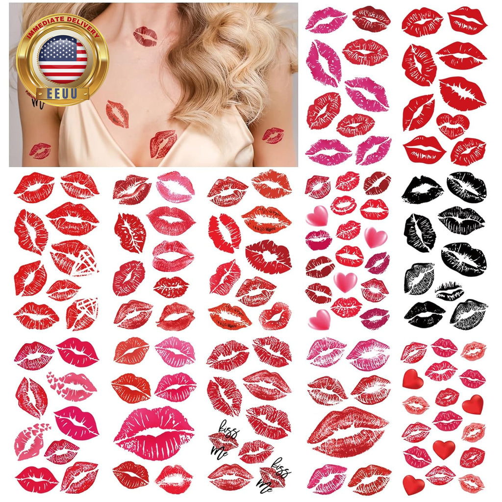 Temporary Lip Tattoo Set - 12 Sheets Red Kiss Heart Print Lip Stick Tattoos