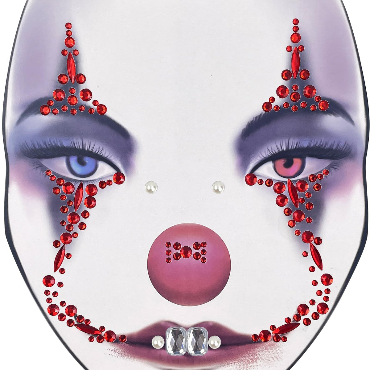 2 Pack Halloween Face Gems Jewels - Clown & Nun Self-Adhesive Rhinestone Tattoos