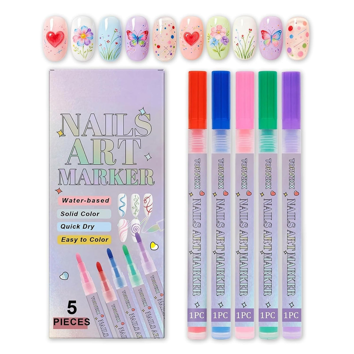 Vibrant Nail Art Pens Set for Kids & Adults - 5 Bright Colors for DIY Manicures