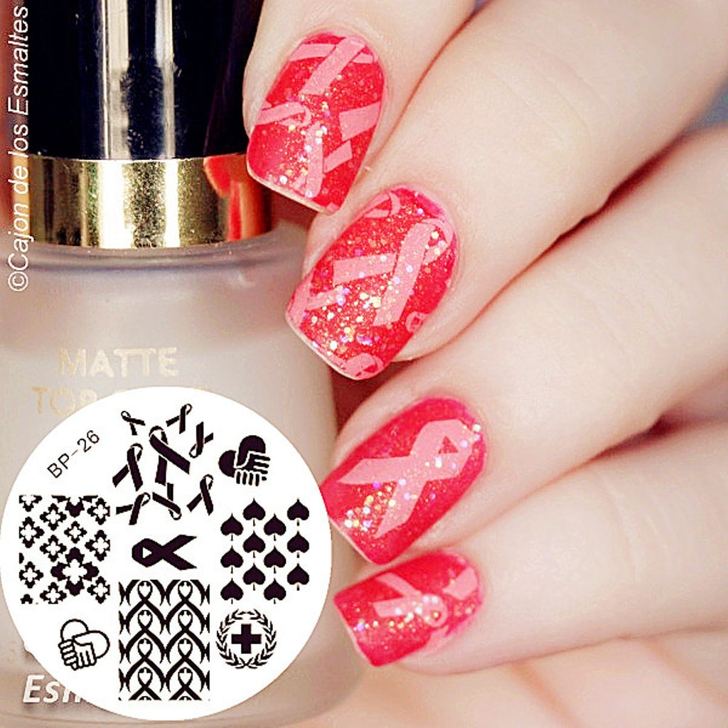 Nail Art Stamping Plate Breast Cancer Support Ribbon Design for Manicure