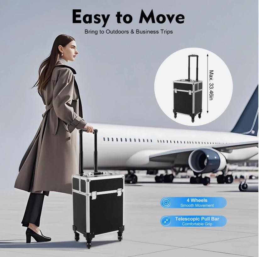 Professional Rolling Makeup Case with Metal Travel Luggage Storage