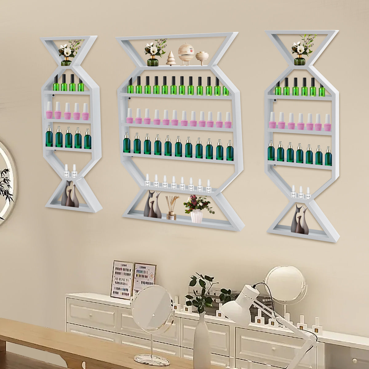 Wall Mount Nail Polish Display Rack Set 3 Pieces White Makeup Organizer Shelf