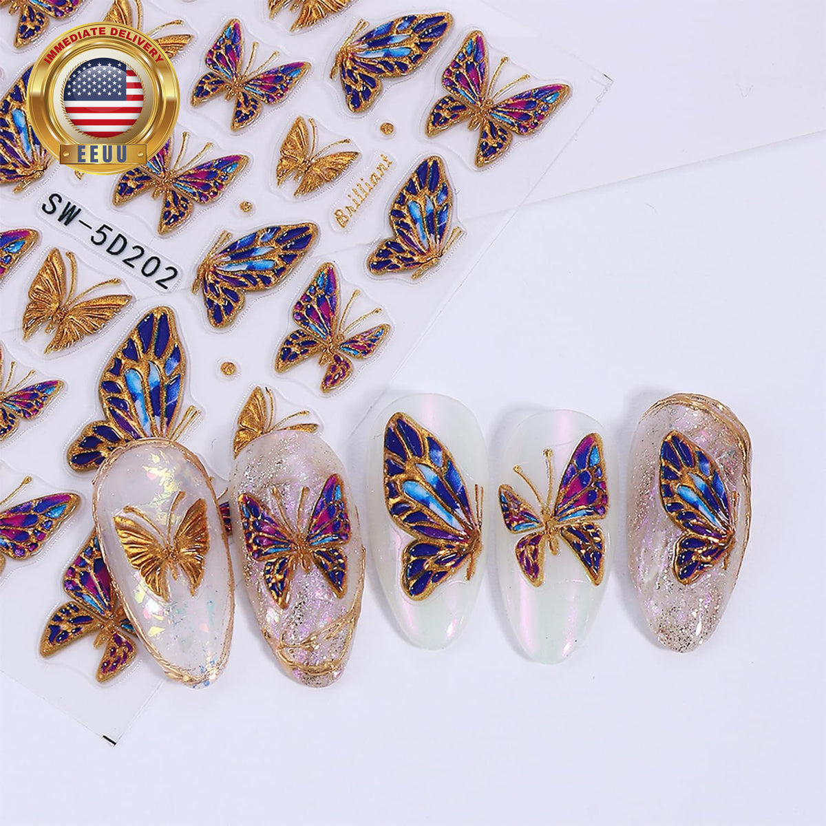 Butterfly Nail Art Stickers Set - 2 Sheets 3D Gold & Purple Decals for Manicure