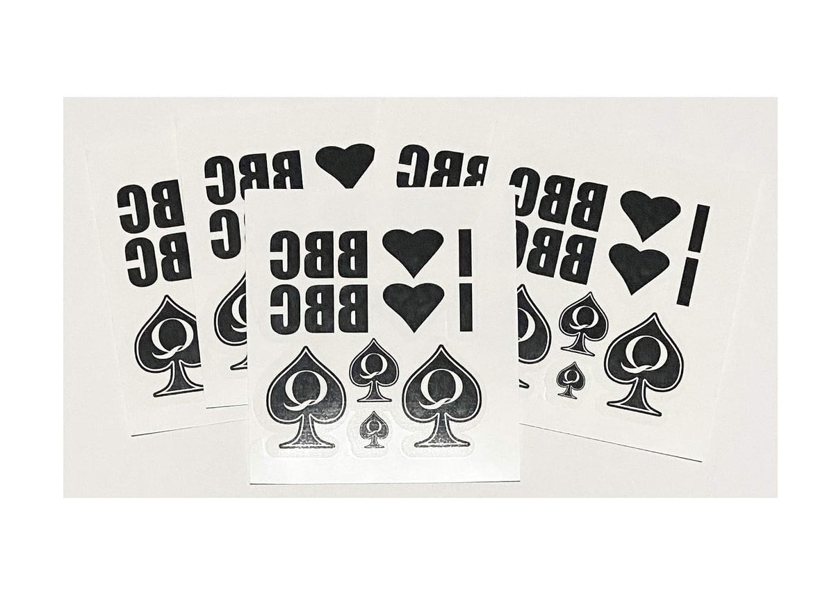 Temporary Tattoos Pack – 5 Sheets, 30 Designs, BBC & Queen of Spades Motifs