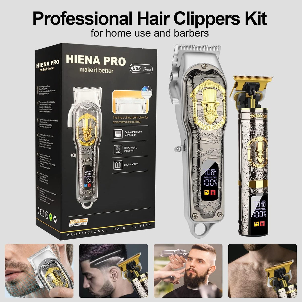 Professional Cordless Hair Clippers for Men with T-Blade & Guide Combs