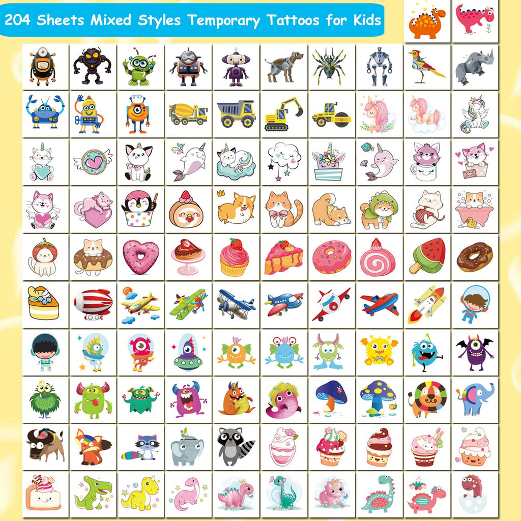 204 Pack Kids Temporary Tattoos - Individually Wrapped Fun Party Tattoos