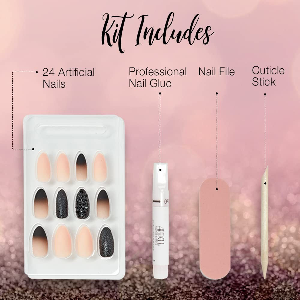 Artificial Nail Set with Pink-Black Ombré & Studs - 24 Press-On Nails for Manicure