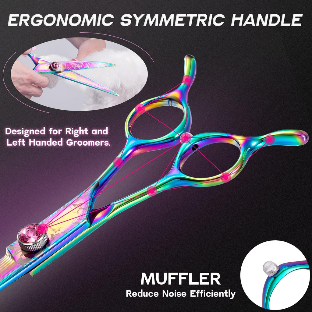 7-Inch Downward Curved Dog Grooming Scissors for Face and Paws - Rainbow Stainless Steel