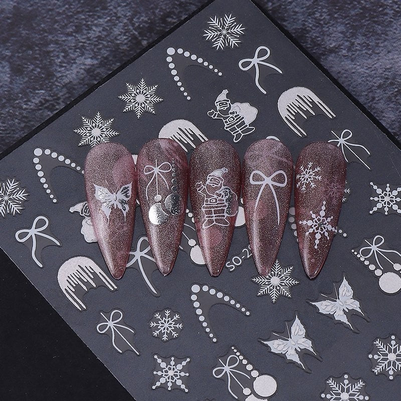 Christmas Nail Stickers Glitter Snowflake Butterfly Holiday Decor - 1 Sheet