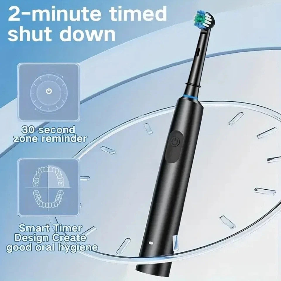 Rechargeable Electric Toothbrush for Adults with 4 Brush Heads - Black Rotary Oral Care