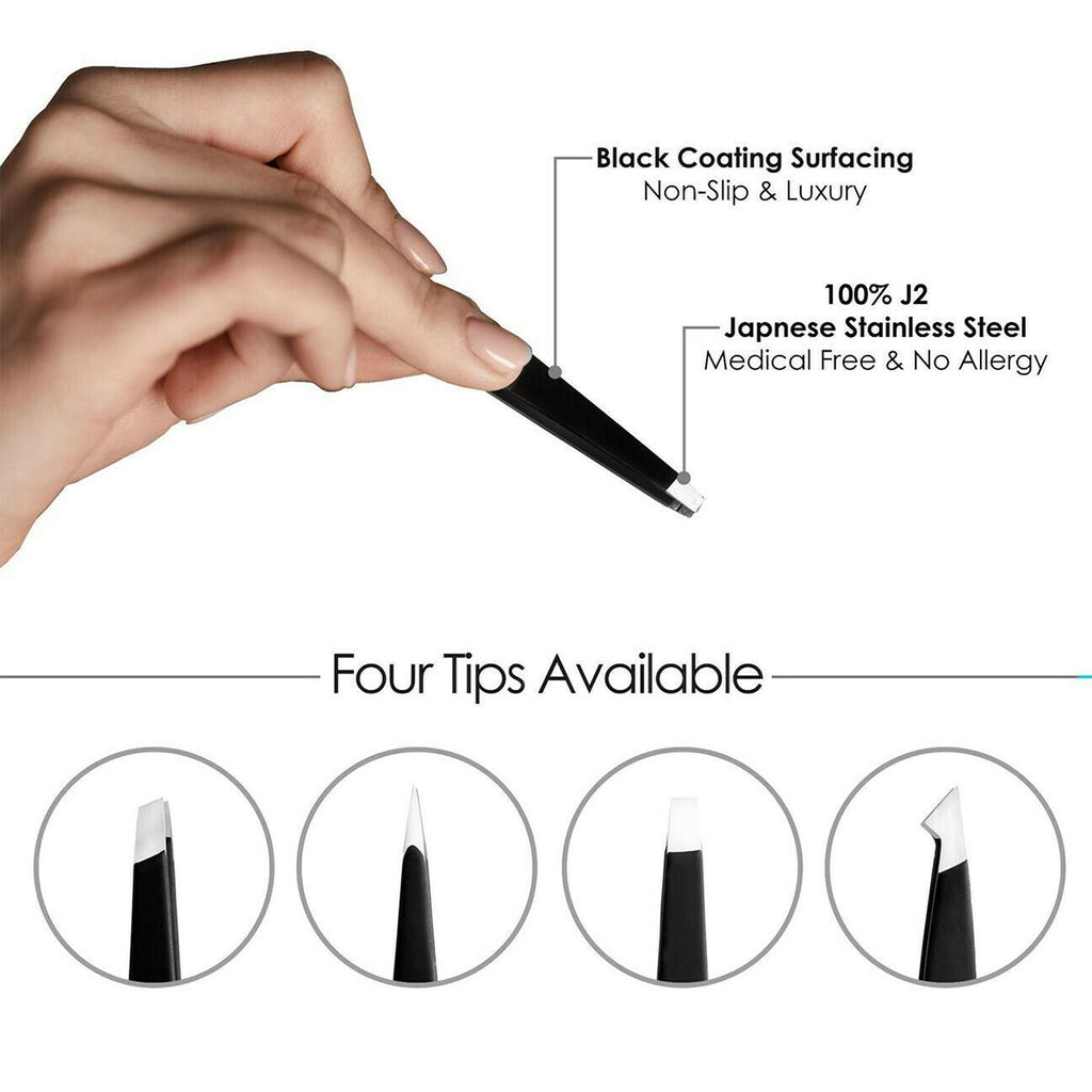 Professional Tweezers Set 4-Piece Stainless Steel Eyebrow Pluckers with Case