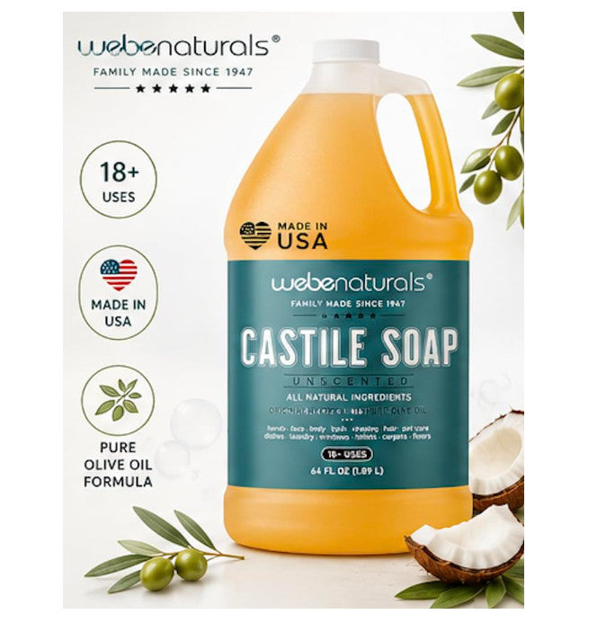 Organic Castile Liquid Soap 64 Fl Oz - Multi-Use, Unscented, Vegan & Eco-Friendly