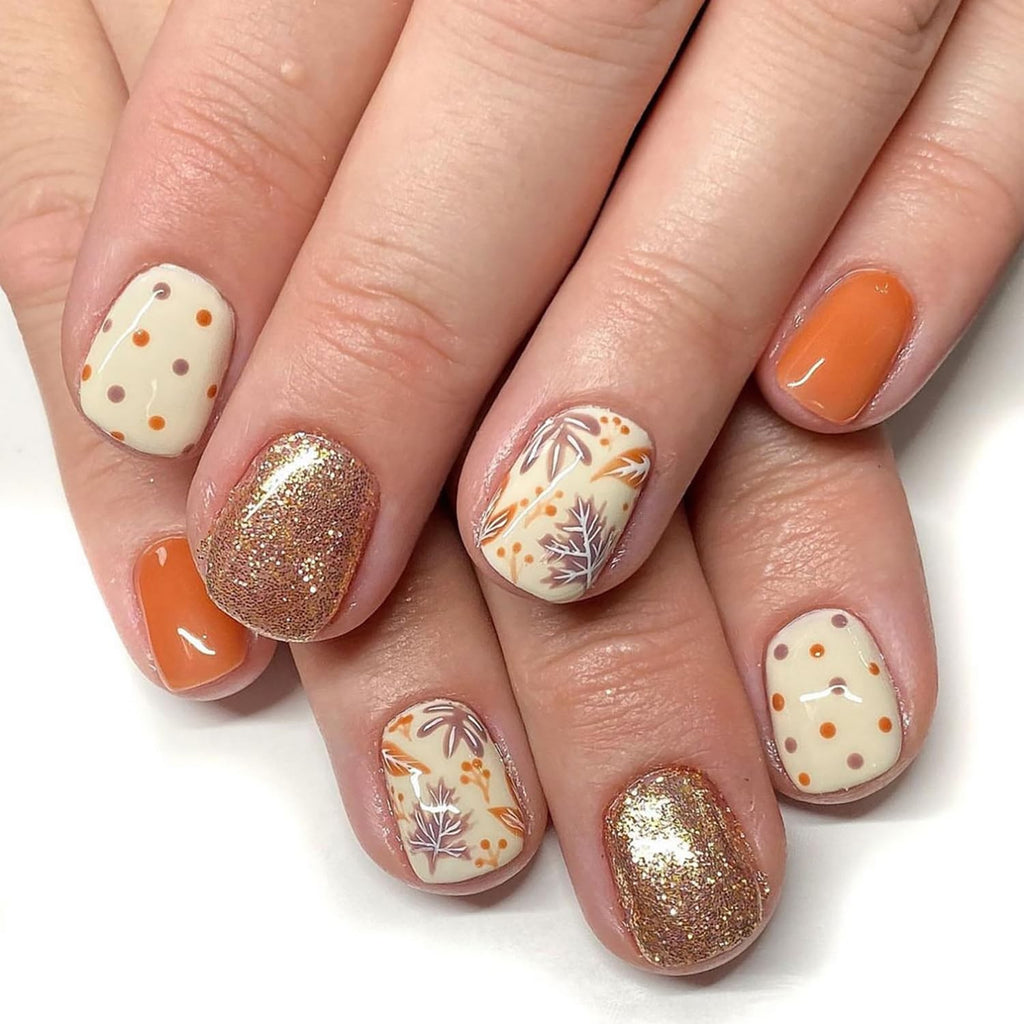 24Pcs Fall Short Square Press On Nails with Gold & Multicolor Glitter