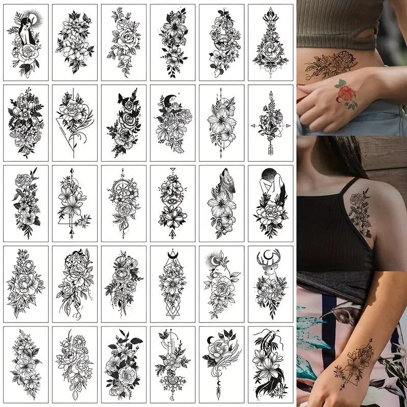 30pcs Waterproof Floral Temporary Tattoos Set for Women & Girls