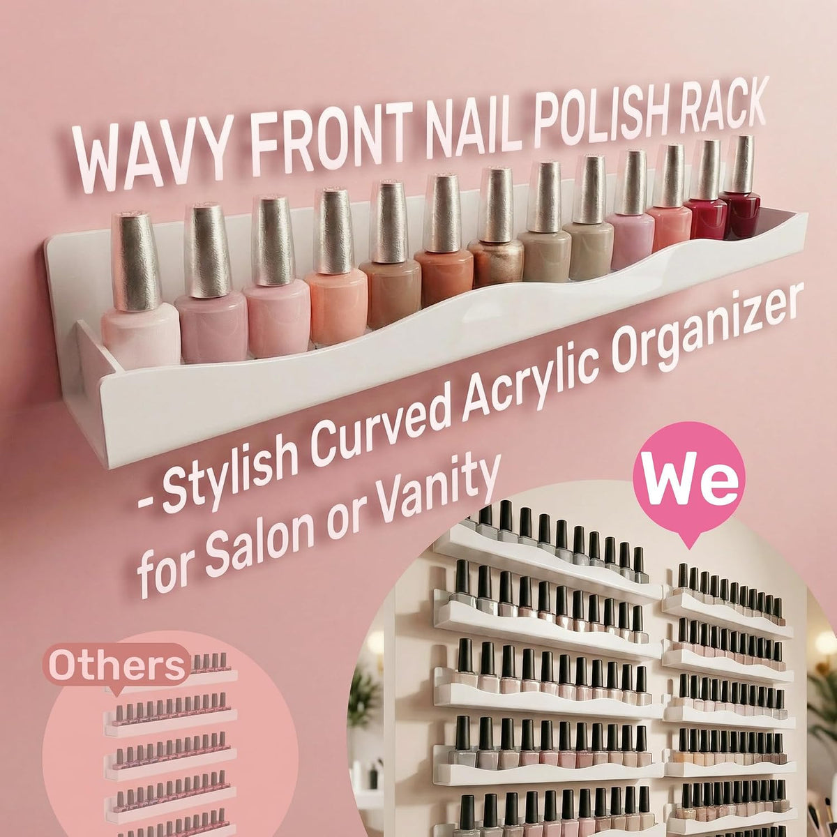 Wall Mounted Nail Polish Rack Acrylic Organizer 6 Pack, Holds 60-90 Bottles