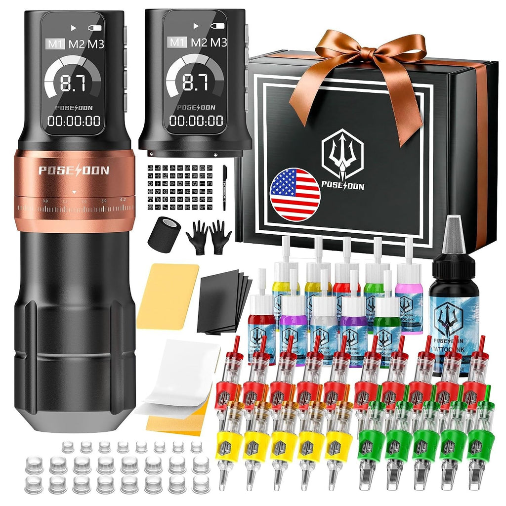 Poseidon Wireless Tattoo Gun Kit with 2 Batteries, 7 Stroke Settings, 2300mAh