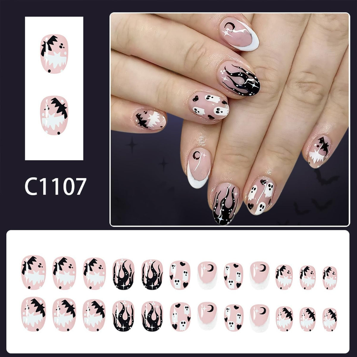 Halloween Short Oval Press On Nails with Ghost and Cat Designs - Reusable Fake Nails
