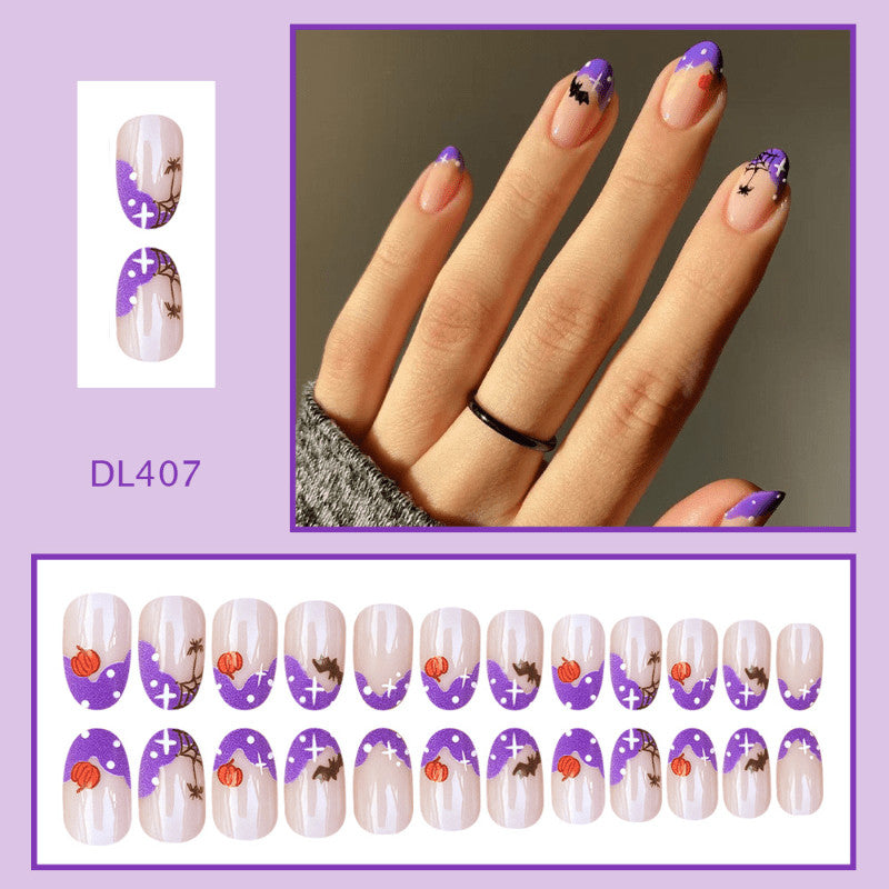 48pcs Short Oval Press-On Nails for French Pumpkin Spider Bat Nail Art